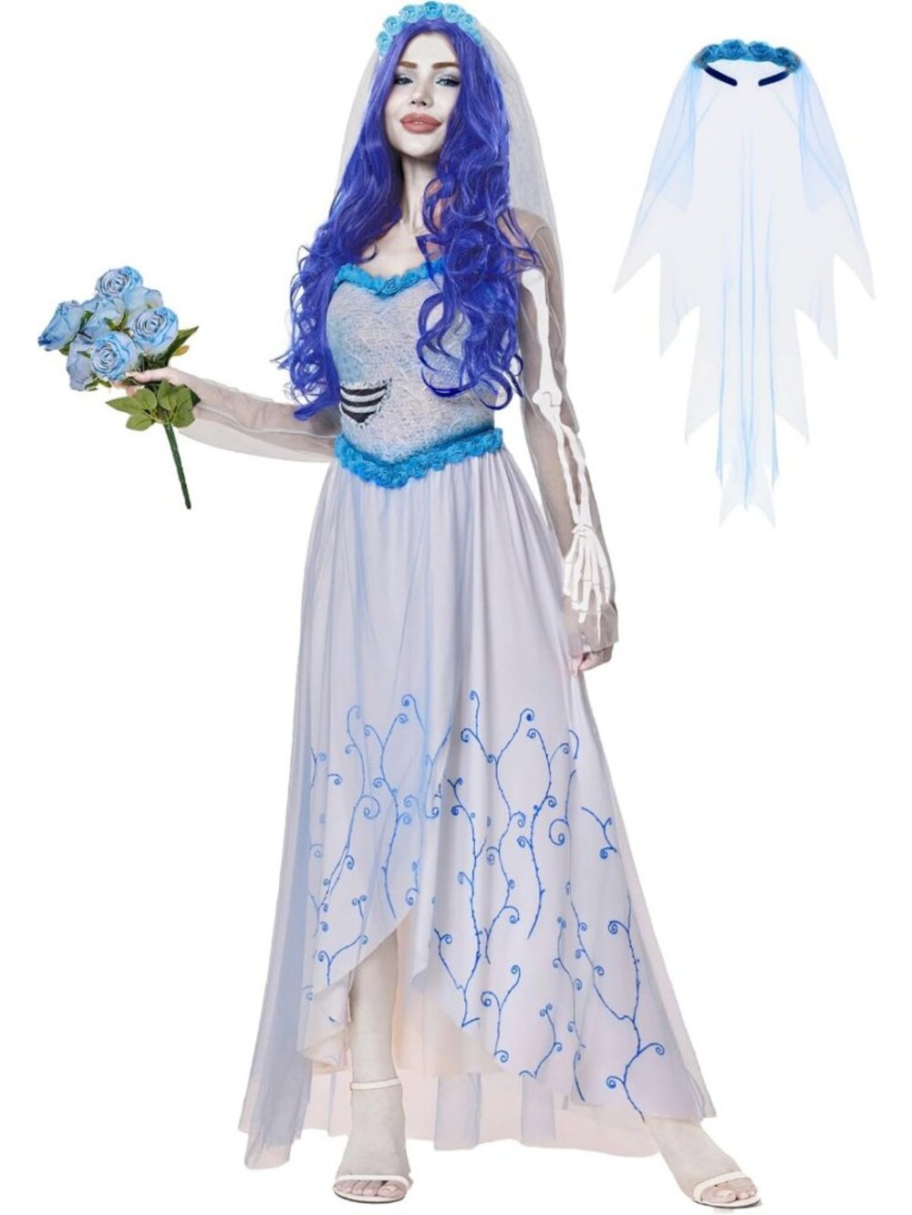Women's Corpse Bride Costume Dress with Veil for Halloween Cosplay Party
